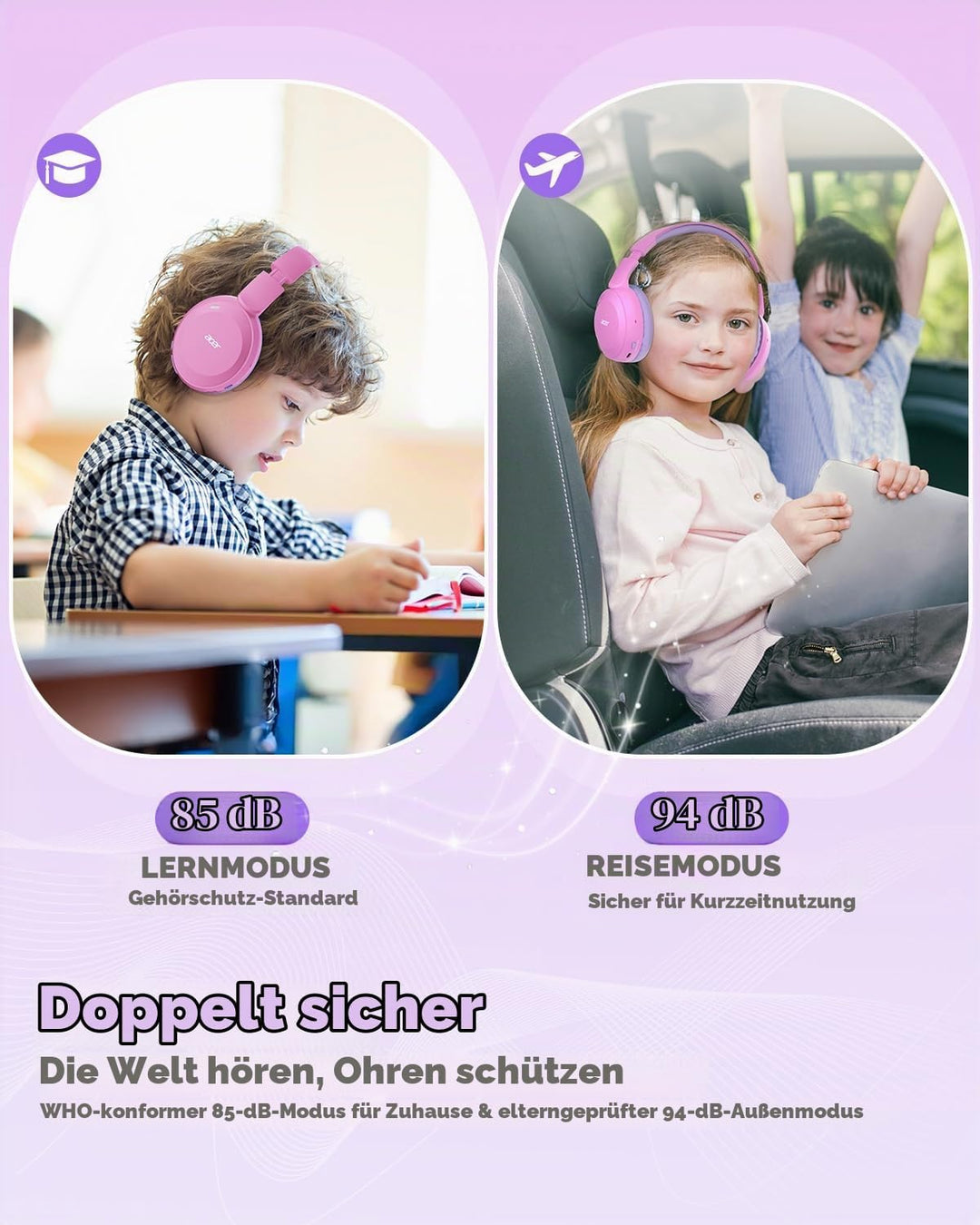 Acer Bluetooth Kopfhörer Kinder, 85/94 dB Lautstärkebegrenzer Rosa 3,5 mm Klinke, Rosa 3,5 mm Klinke