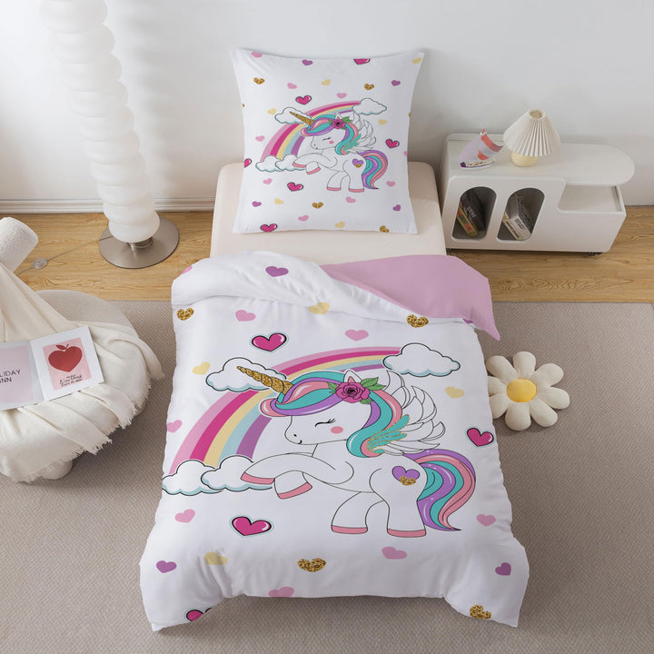 DJDEA Cartoon Bettwäsche 135 x 200 cm Kinder Weich Mikrofaser, Regenbogen Einhorn Motiv Bettwäsche-S
