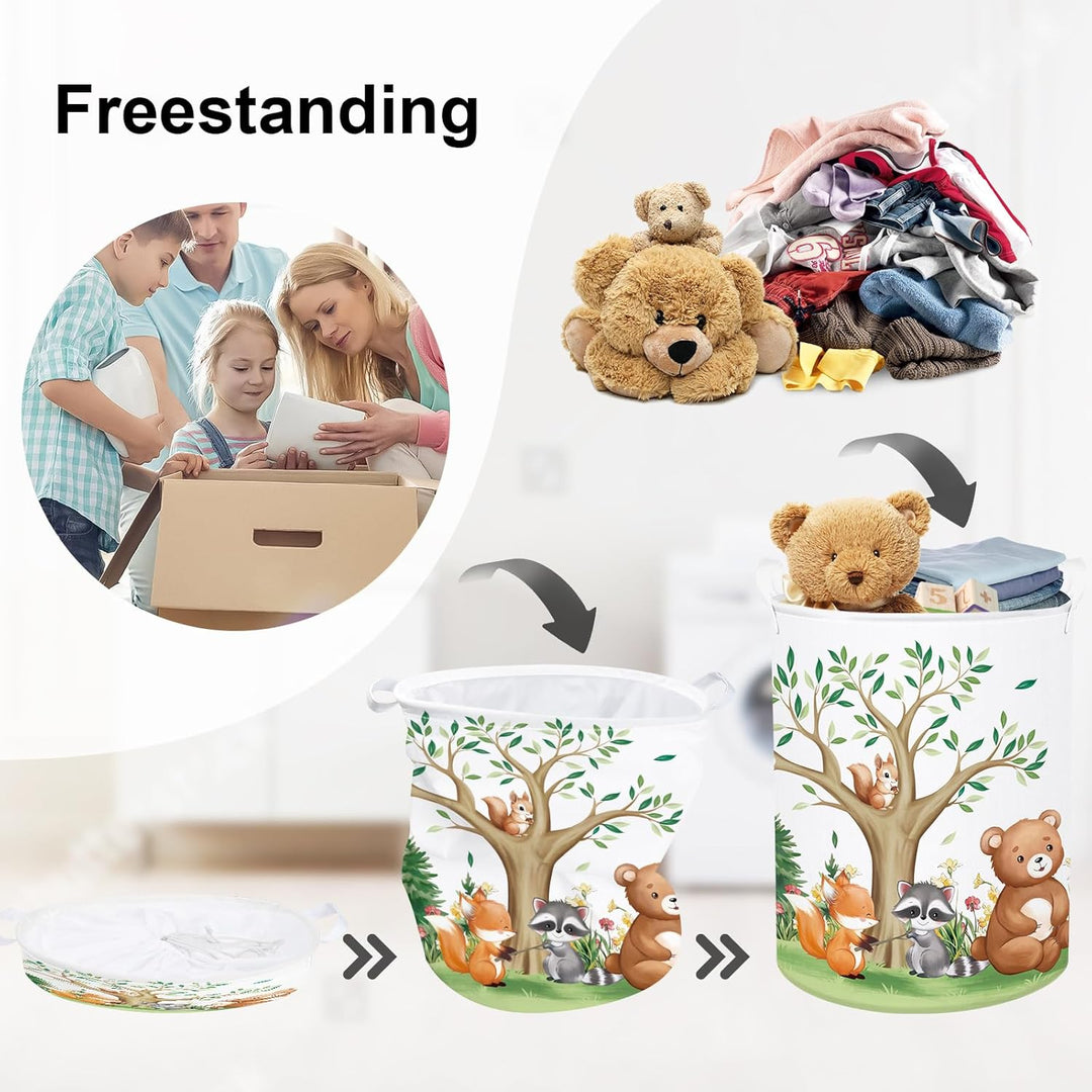 HUUMONSS Süsses Waldtier Gross Wäschekorb Baum Laub Stoff Aufbewahrungskorb Kleidung Spielzeug Aufbe
