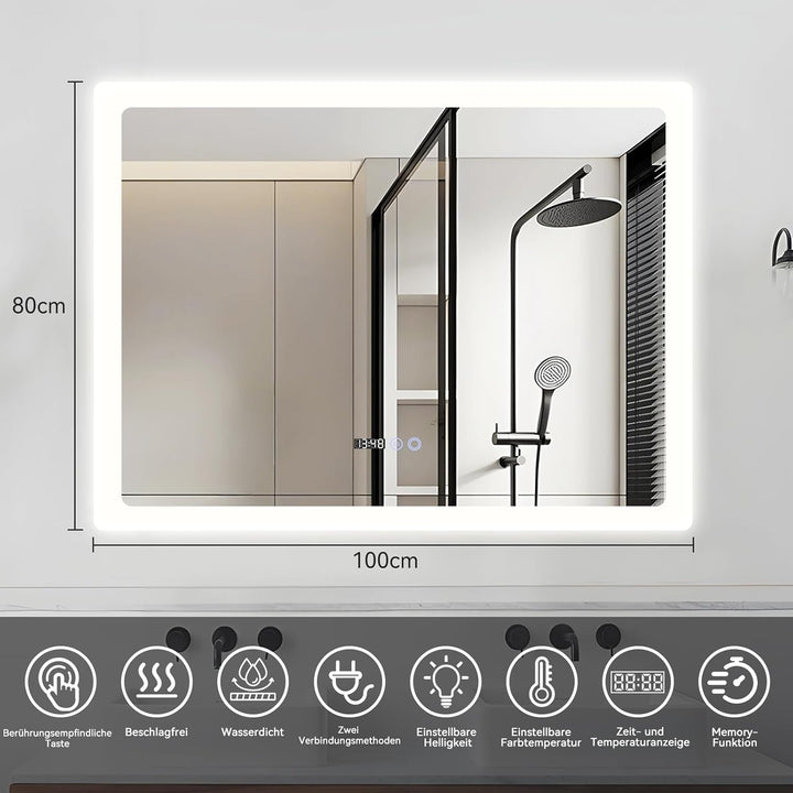 YU YUSING Badspiegel mit Beleuchtung 100x80cm Badezimmerspiegel LED mit 3 Lichtfarben Dimmbar, Besch