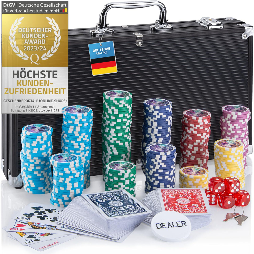 Profi Pokerkoffer Pokerset inkl. 300-500 schwerer 12g Metallkern Poker-Chips; Pokerdeck, Pokerkarten