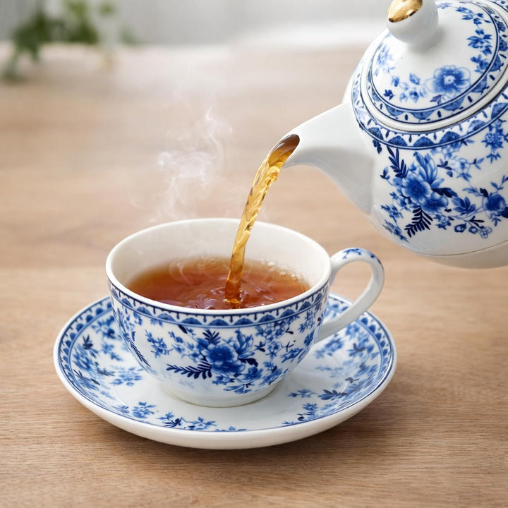 Porcelain Tea for One Set Beautiful Flower Ceramic Teapot with Cup Gifted Box (Blue and White), Blue