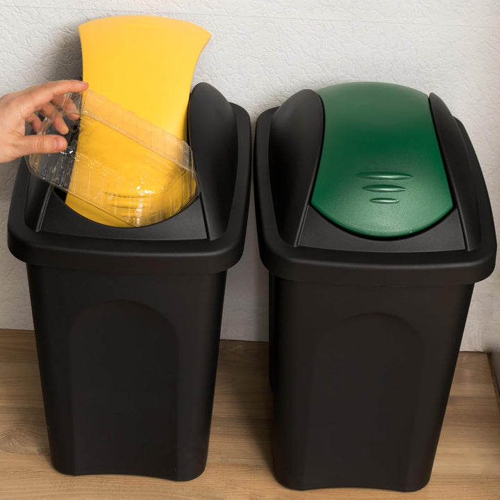 2x Schwingdeckel Mülleimer 30l gelb-grün, Gelber Sack Mülleimer Küche, Mülleimer 2 Fächer, Mülltrenn