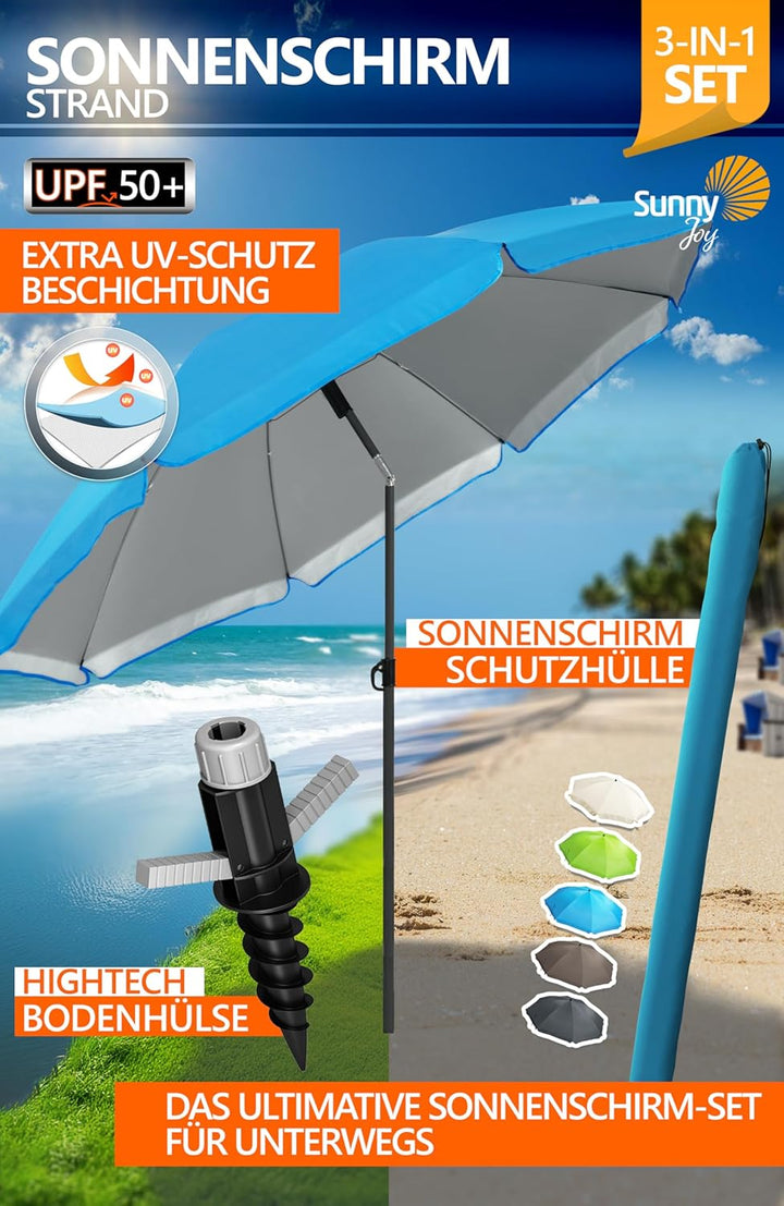 4smile Sonnenschirm Strand SunnyJoy als 3-IN-1 SET, Blau - UPF 50+ Strandschirm mit Bodenhülse & Sch