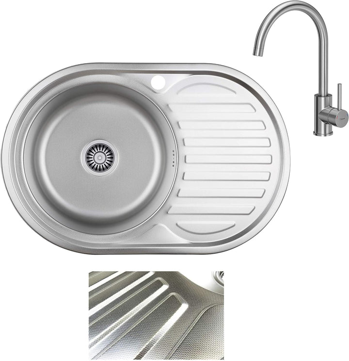VBChome Einbauspüle mit Armatur 77x50 Leinenstruktur ab 45er Unterschrank Edelstahl Küchenspüle Spül