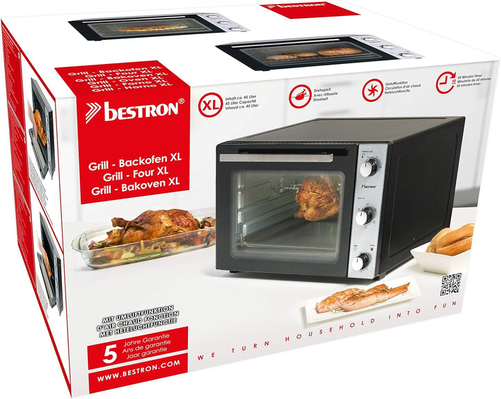 Bestron AOV45 2-in-1 Mini-Backofen mit Drehspiess, 45 Liter, 1800 W, Edelstahl, Schwarz 45 Liter Min