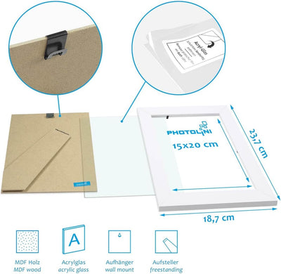 PHOTOLINI Bilderrahmen 15x20 cm Weiss MDF-Holz, breite Rahmen, 5er Set, modern, bruchsicheres Acrylg
