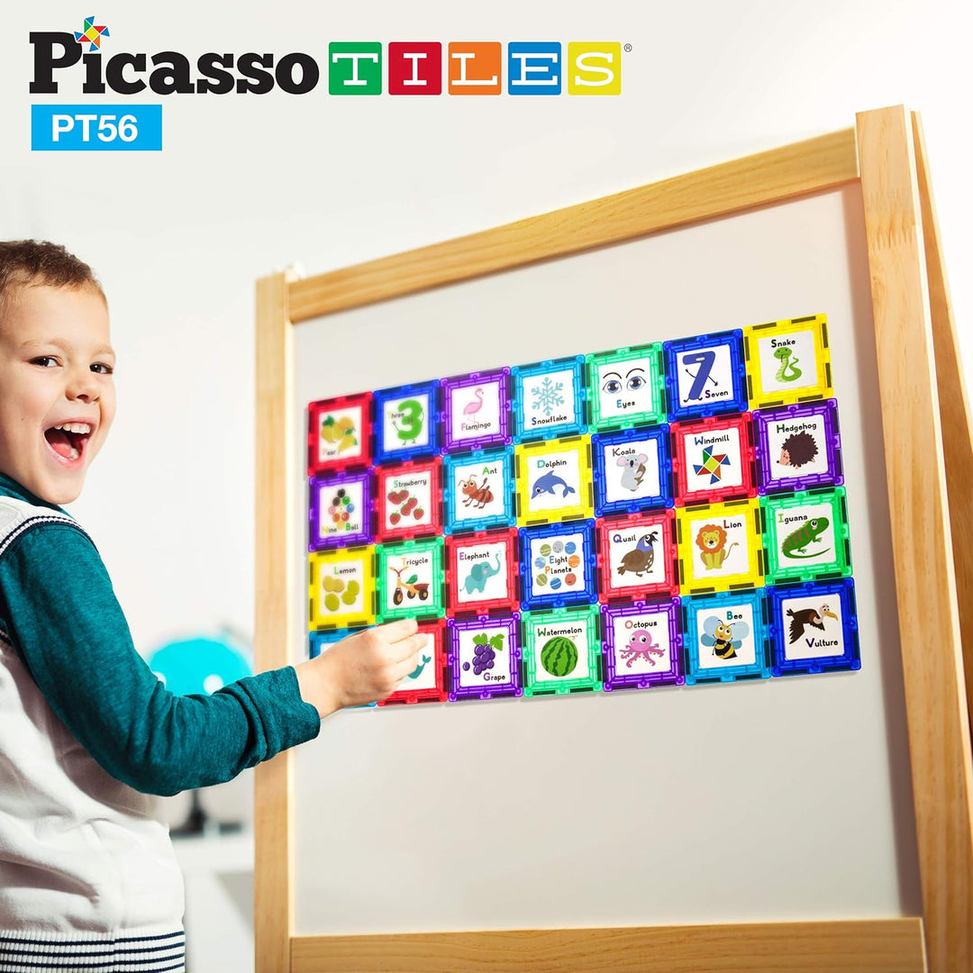 PicassoTiles Magnetische Bausteine mit Kacheln und pädagogischen Grafiken zum Einklicken, Magnet-K