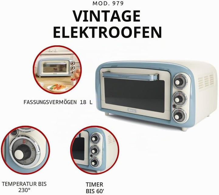 Ariete Vintage-Ofen 979, Retro Elektrobackofen mit 3 Backpositionen, 30 cm Pizzaofen, Max. Temperatu
