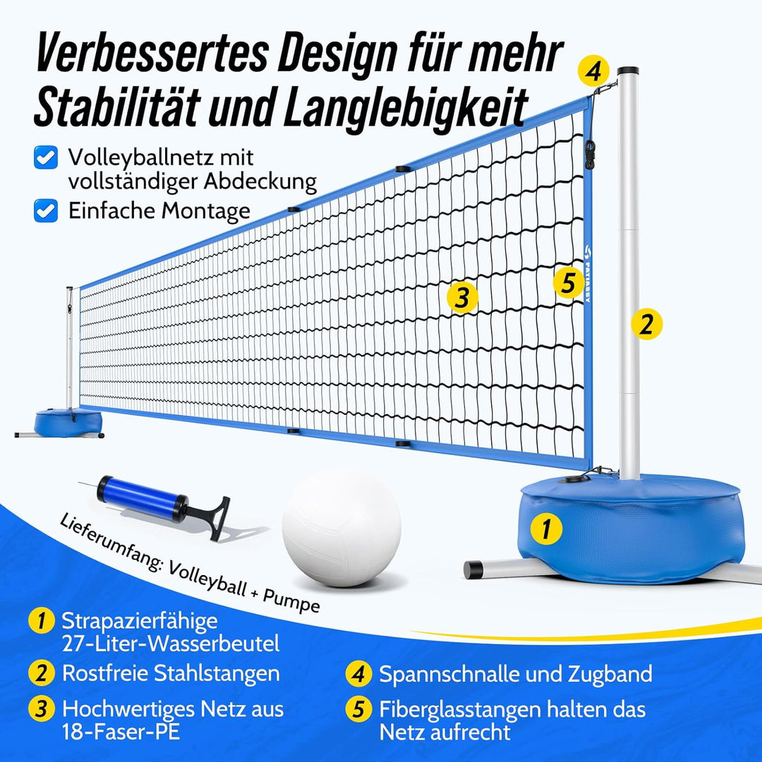 Pool Volleyball-Set, Tragbarer Volleyballnetz Verstellbar 4,5-9,1m mit Volleyball, Stabilem-Stangen