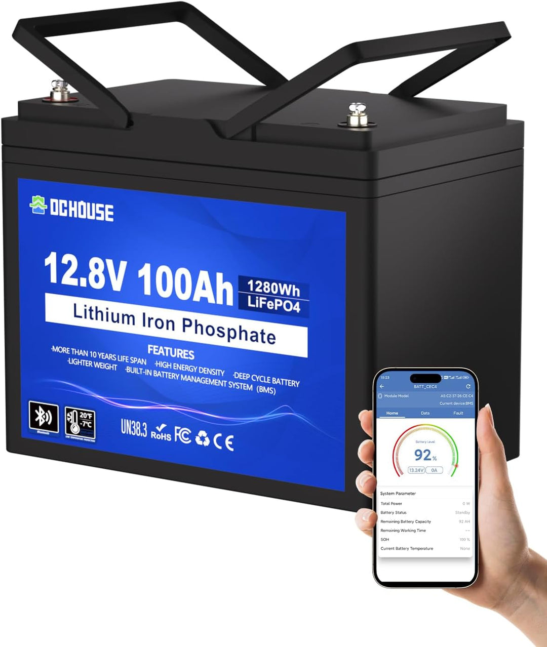DCHOUSE 12V 100Ah LiFePO4 Batterie, Verbessertes 100A BMS, Bis zu 15000 Zyklen, 1280Wh Lithium Akku,