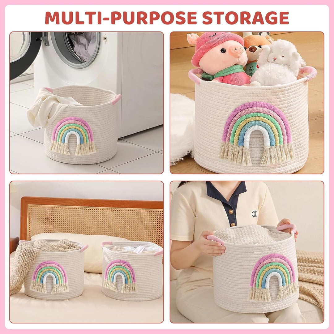 Spielzeug-Aufbewahrungskörbe, gewebtes Baumwollseil, Aufbewahrungskorb mit 3D-Regenbogen-Dekor für K