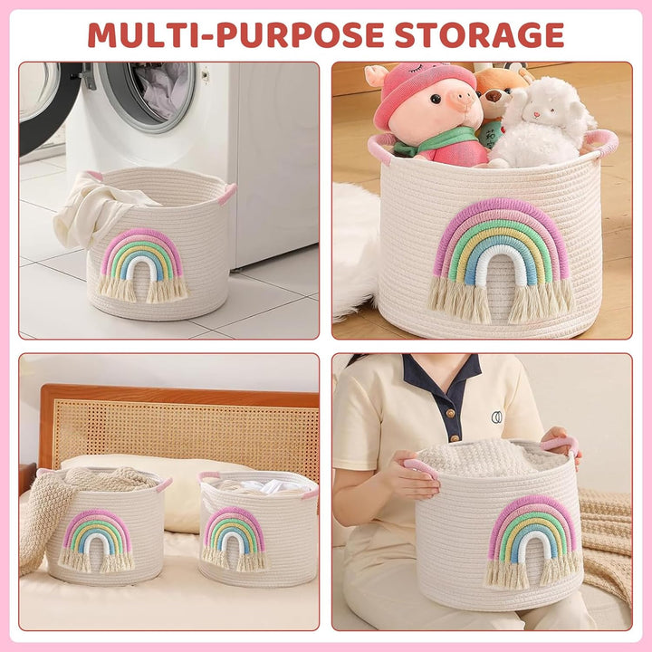 Spielzeug-Aufbewahrungskörbe, gewebtes Baumwollseil, Aufbewahrungskorb mit 3D-Regenbogen-Dekor für K