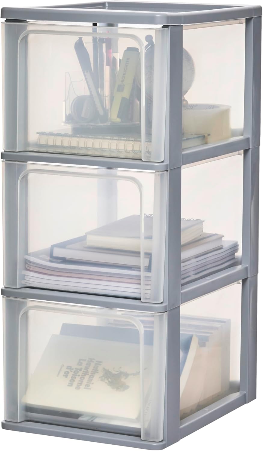 Iris Ohyama, Kunststoff Schubladenbox mit 3 tiefen Schubladen, Grau, Easy-Pull-System, A4, A5 & A6 F