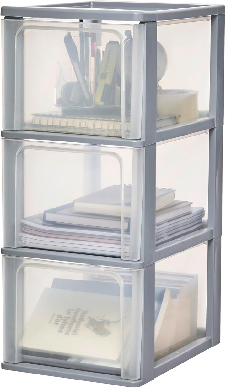 Iris Ohyama, Kunststoff Schubladenbox mit 3 tiefen Schubladen, Grau, Easy-Pull-System, A4, A5 & A6 F