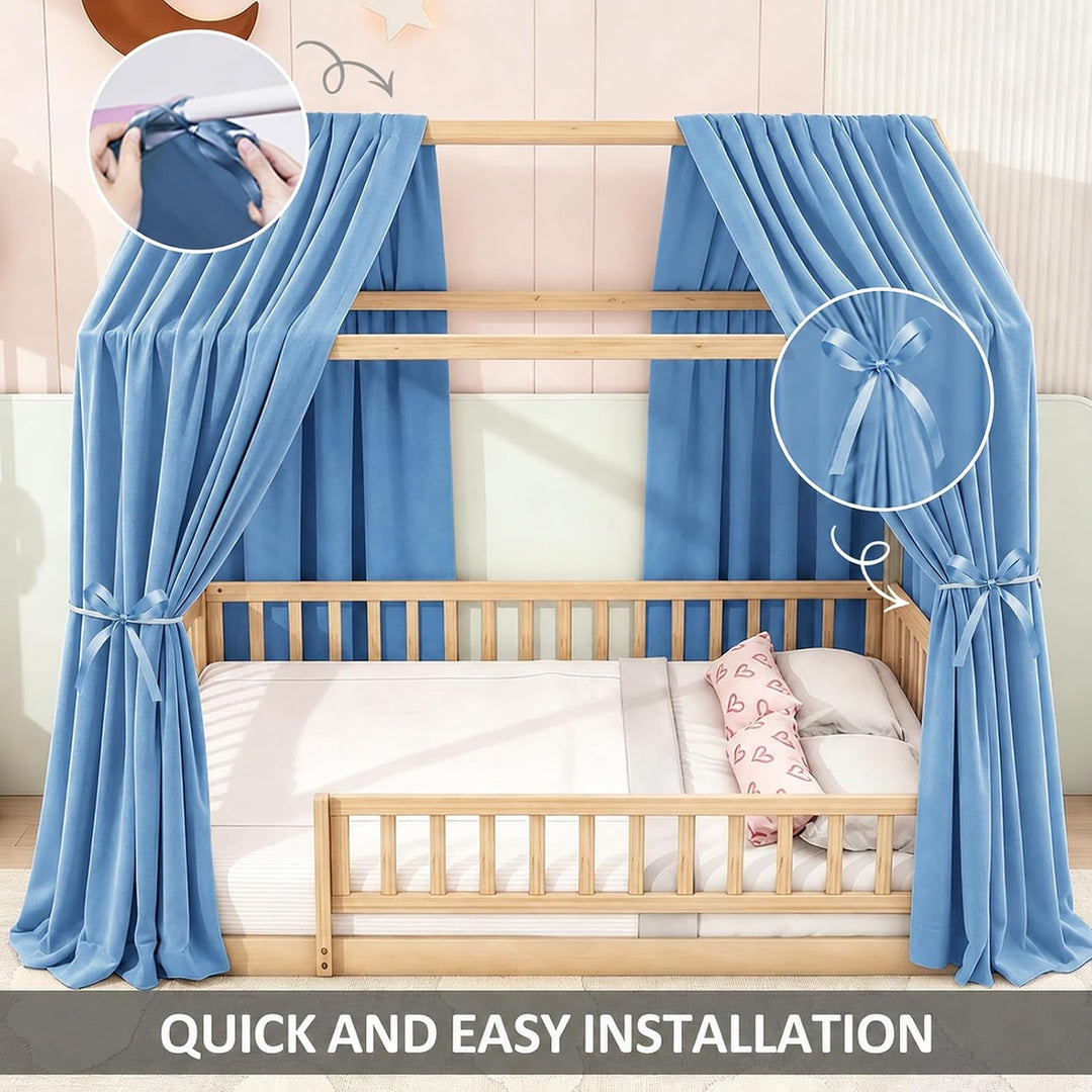 Hausbett Himmel Blau, 2er Set H270 x B67 cm Kinder Himmelbett Vorhänge Musselin mit Atmungsaktiv &amp; W