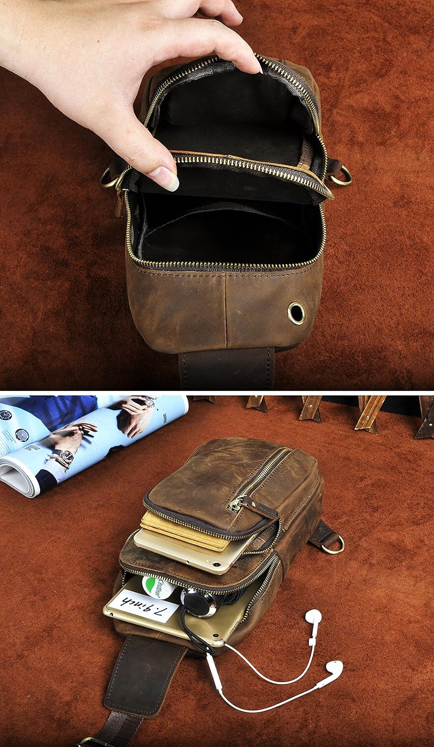 Le’aokuu Herren Echtes Leder Brusttasche Crossbody Bag Sling Bag Schultertasche Gurteltasche Umhänge