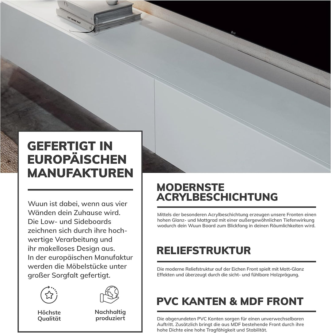 Wuun® TV Lowboard TV Board hängend I 100cm-280cm I Hängeschrank Wohnwand/Somero Weiss-Matt/Weiss-Hoc