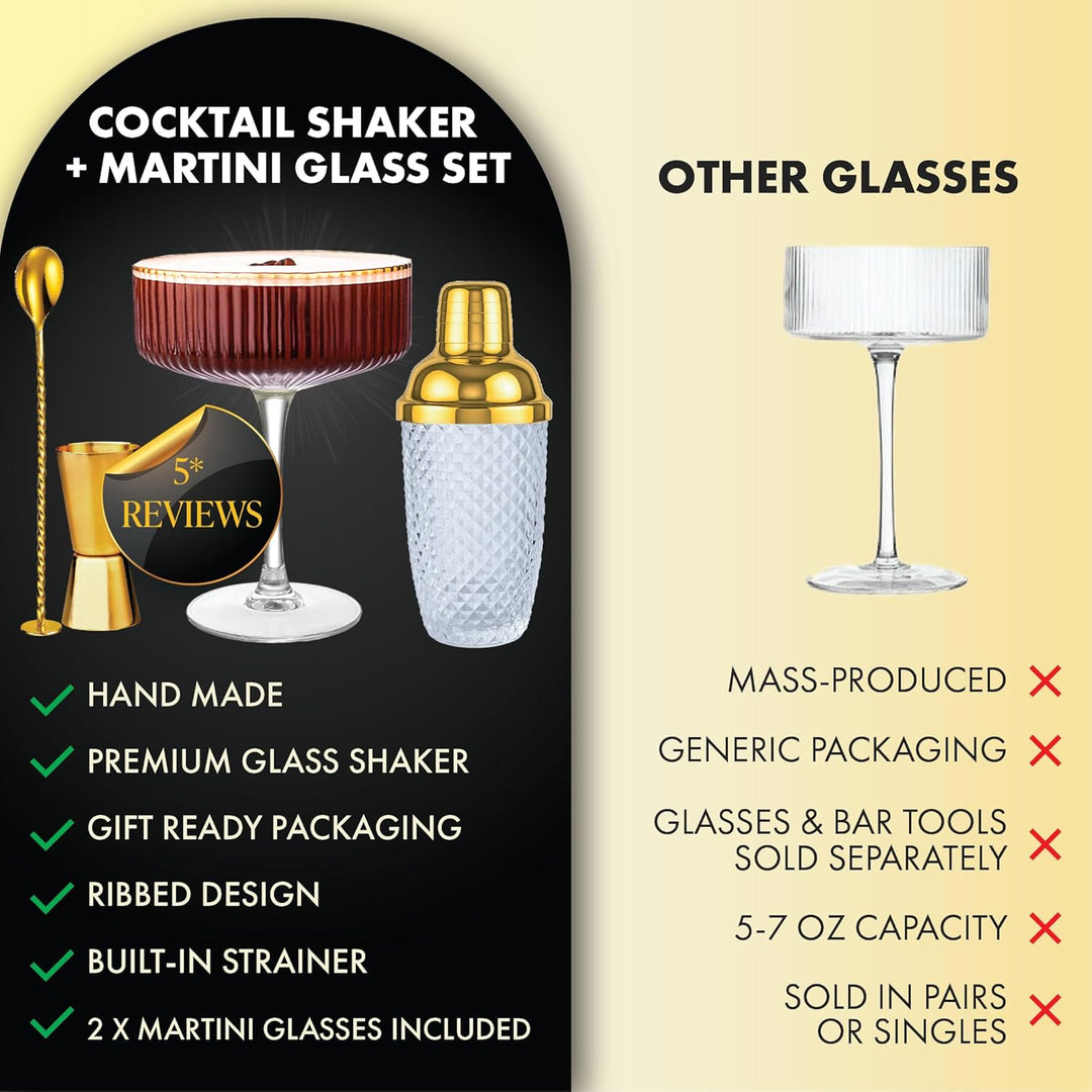 Vemacity Cocktail Set - Glas Cocktail Shaker mit Sieb 450ml | Ink. 2 x Martini Gläser mit Goldrand G