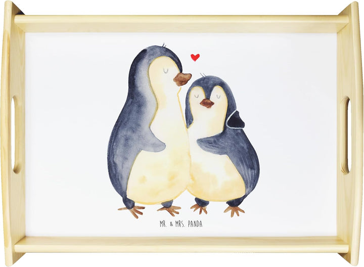 Mr. & Mrs. Panda Serviertablett Pinguin umarmend - Geschenk, Holztablett, Frühstückstablett, glückli