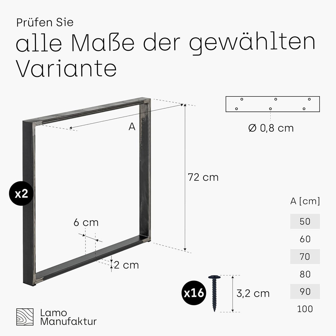 LAMO Manufaktur Tischbeine für Schreibtisch Esstisch, Simple Light, Vierkantprofil 60x20 mm, Tischge