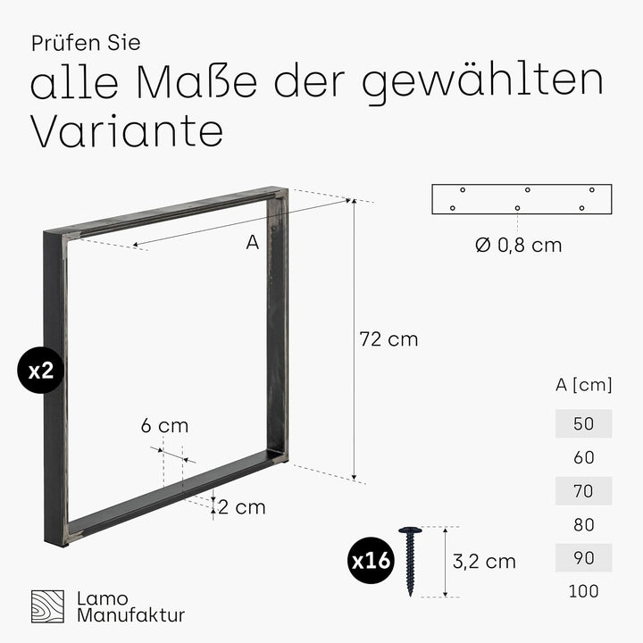 LAMO Manufaktur Tischbeine für Schreibtisch Esstisch, Simple Light, Vierkantprofil 60x20 mm, Tischge