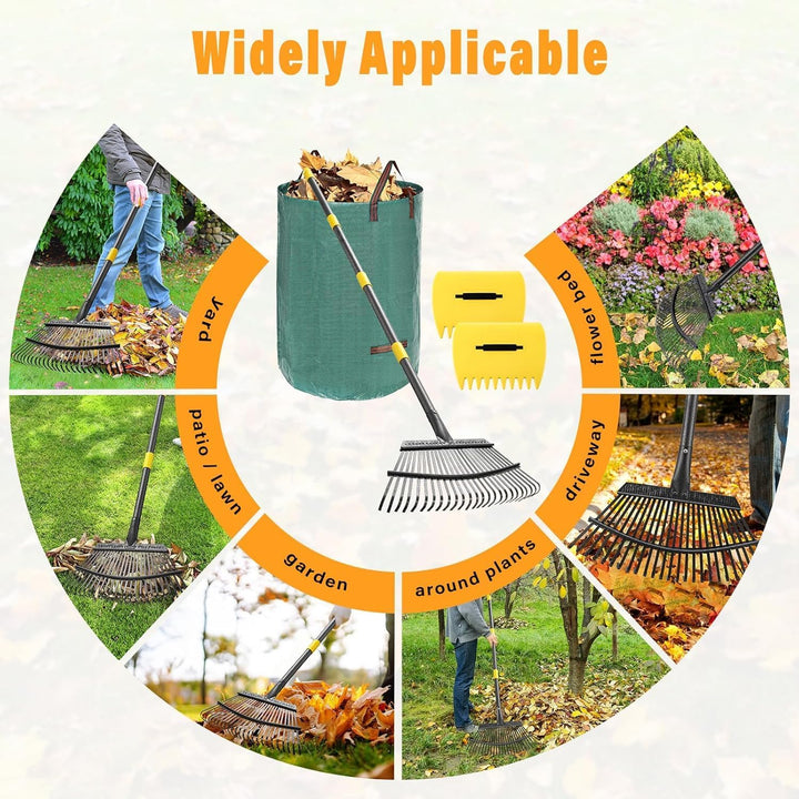Rechen, Gartenlaubrechen Set - mit 32 Gallonen Laubsäcken und 2 Laubschaufeln, 166cm Laubrechen mit