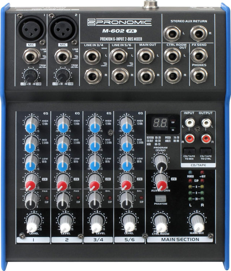 Pronomic M-602FX Live/Studio Mischpult mit digitalem 24bit Multieffektprozessor (2 Mono-Kanäle XLR/K