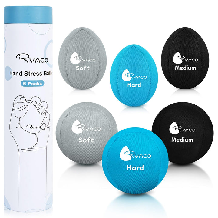 RYACO 6 Stück Gel Stressball für Erwachsene - Antistressball Mit verschiedenen Stärken und Grössen -