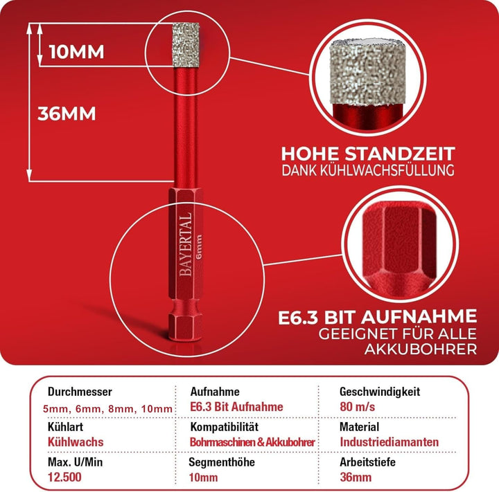 Fliesenbohrer Set 4tlg. 5, 6, 8, 10 mm Sechskant E6.3 Premium – Diamantbohrer für harte Fliesen und