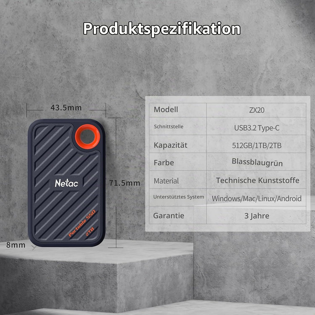 Netac ZX20 2 TB Mobiles Solid-State-Laufwerk, extern, portabel 2 TB (bis zu 2000 MB/s Lesen und Schr