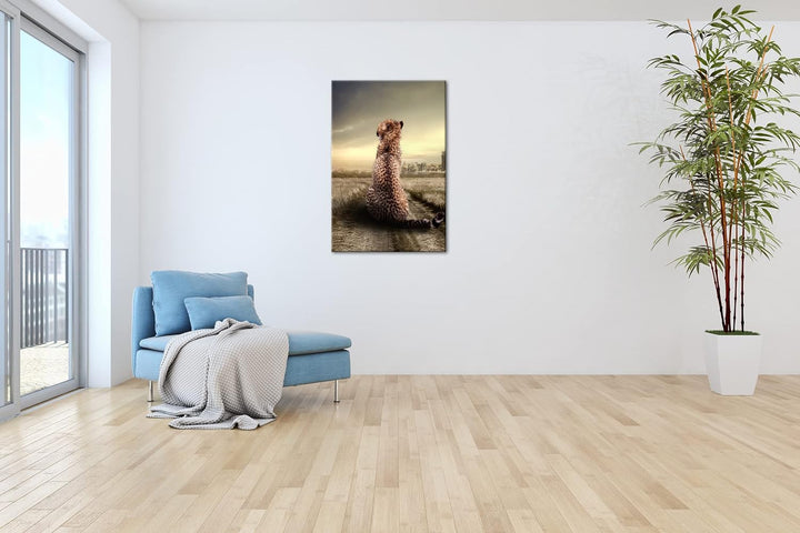 deyoli einsamer Gepard in schöner Landschaft im Format: 100x70 als Leinwandbild, Motiv fertig gerahm