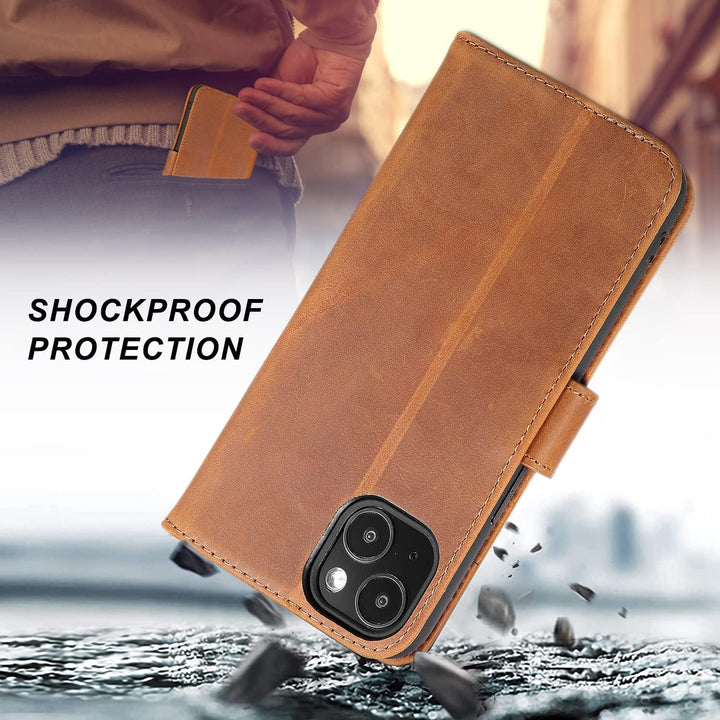 LENSUN Echtleder Hülle für iPhone 13 5G, Handyhülle [Echtes Leder][Magnetverschluss][RFID Schutz] Ha