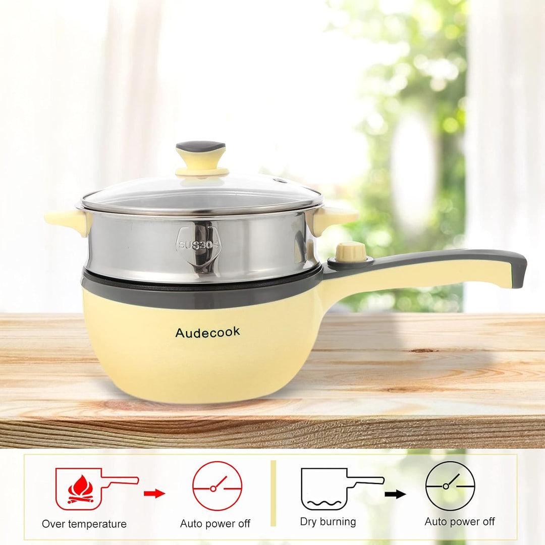 Audecook Elektrische Bratpfanne, Hot Pot Topf 20cm, Antihaft Mini elektropfanne mit Dampfgarer, Mult