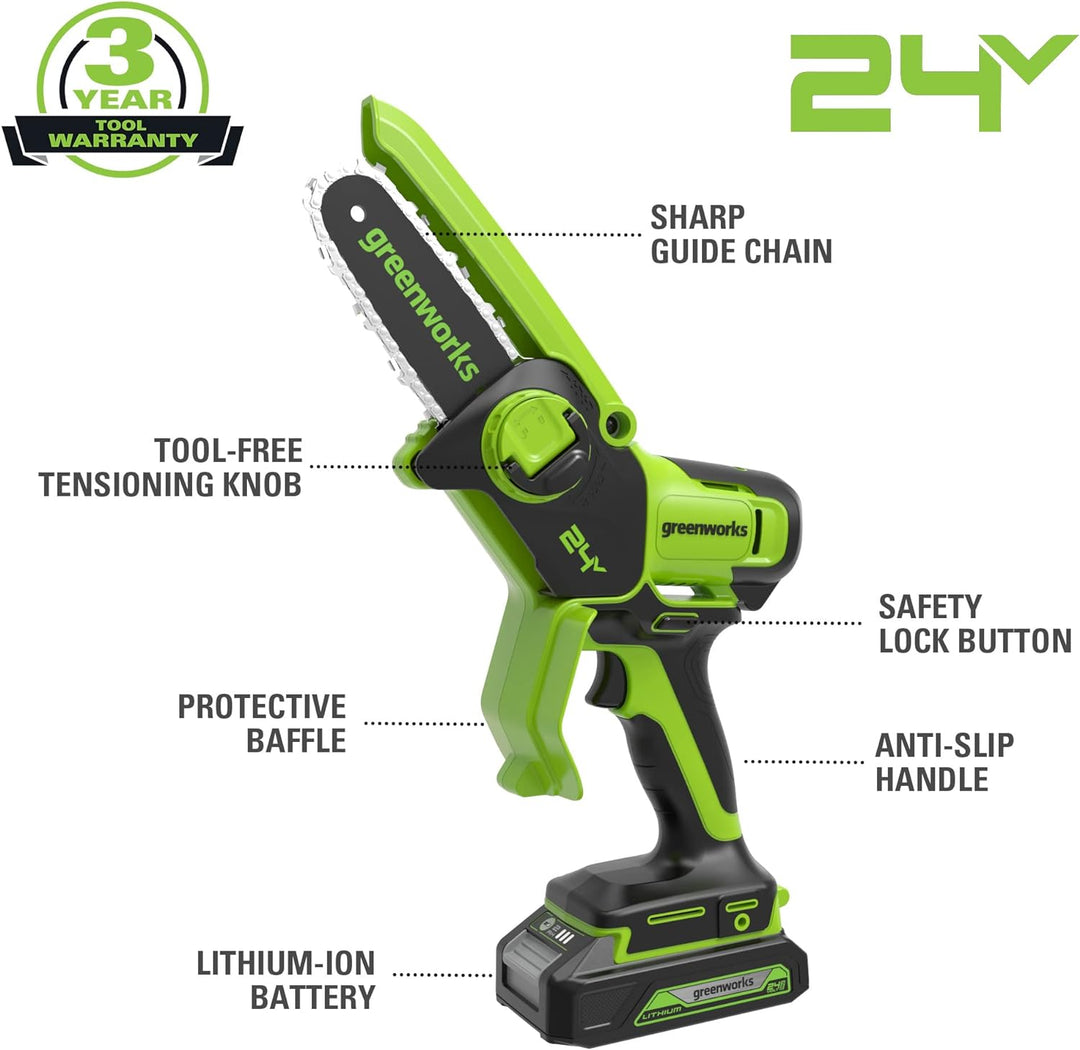 Greenworks 24V Mini-Kettensäge 4-Zoll (10 cm) kabellose Akku-Kettensäge ohne Akku und Ladegerät, 7,8
