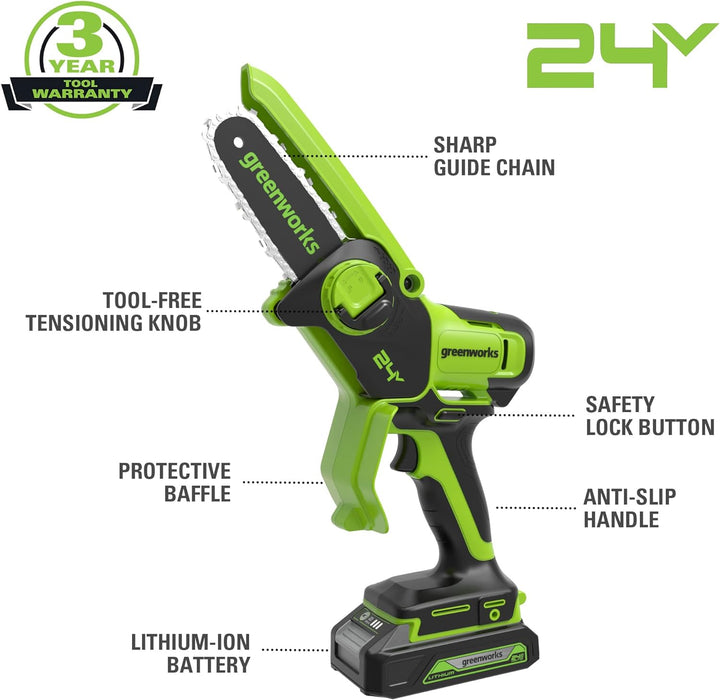 Greenworks 24V Mini-Kettensäge 4-Zoll (10 cm) kabellose Akku-Kettensäge ohne Akku und Ladegerät, 7,8