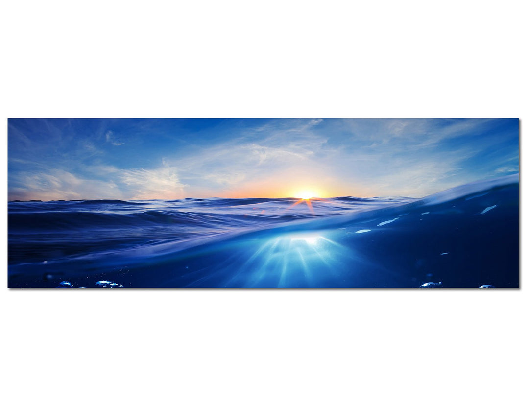 Paul Sinus Art Panoramabild auf Leinwand und Keilrahmen 150x50cm Meer Unterwasser Welle Sonnenunterg