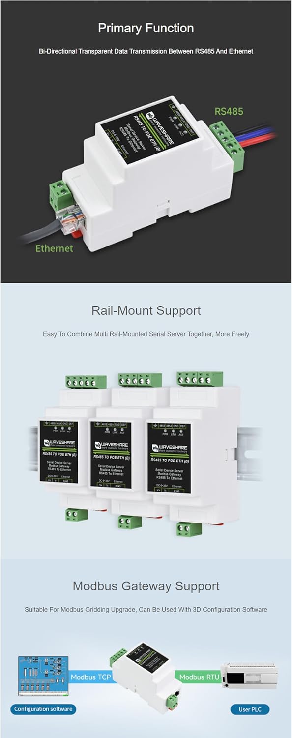 Industrial RS485 to RJ45 Ethernet Serial Server Rail-Mount RS485 to Ethernet Module, TCP/IP to RS485