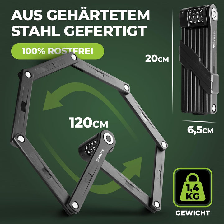 TITANLOCK Fahrradschloss Faltschloss 120 cm Diebstahlsicher [Individueller Pin] Zahlenschloss Schnel