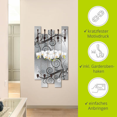 ARTLAND Wandgarderobe Holz mit 8 Haken 63x114 cm Design Garderobe Paneel mit Motiv Orchideen Blumen