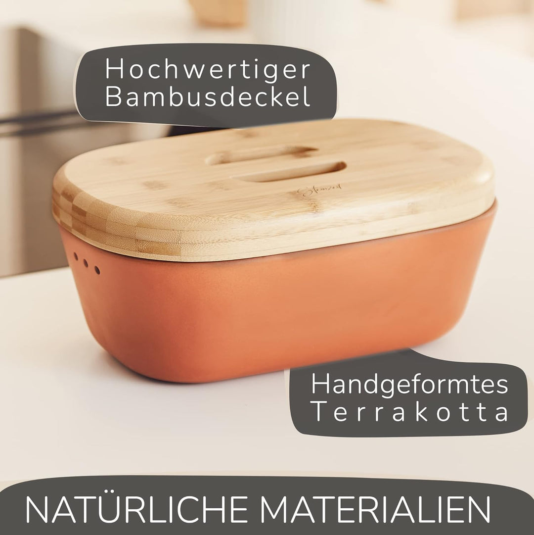 Steinzeit Design Brotkasten - Brotbox aus atmungsaktivem Ton – Brotkasten Keramik mit edlem Bambusde