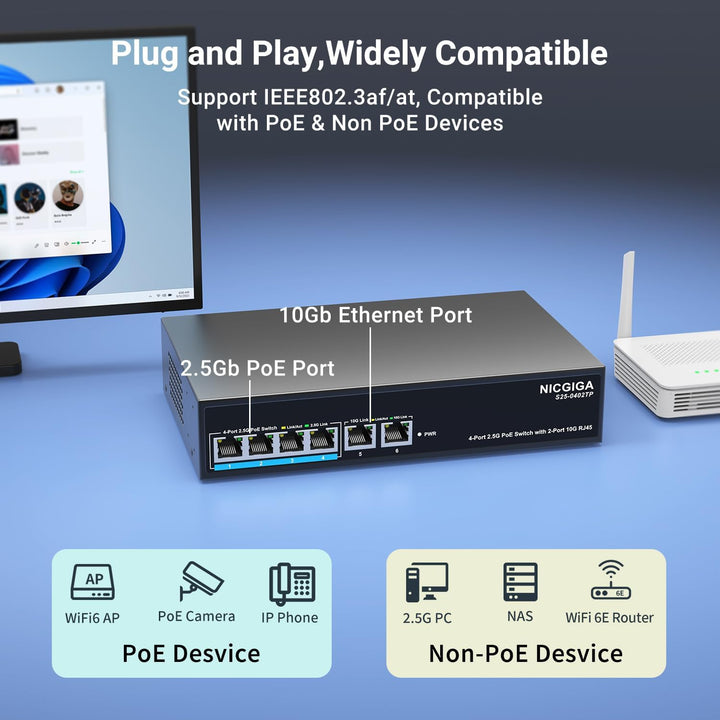 6 Port 2.5Gb PoE Switch Unmanaged with 4 Port 2.5G Base-T PoE+@65W + 2 x 10G RJ45 Uplink, NICGIGA 6