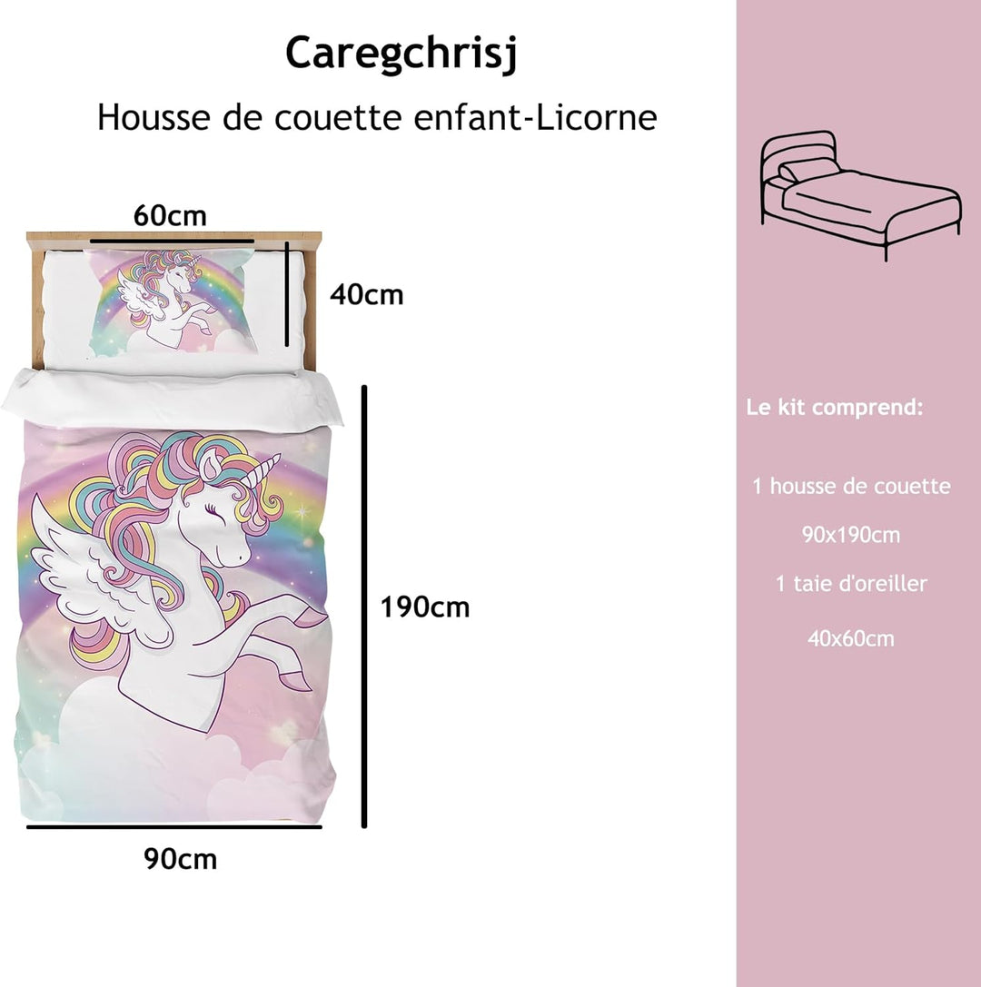 Bettbezug 90 x 190 cm, für Kinder, Mädchen, Bettwäsche für Einzelbett, Rosa, Regenbogen, Einhorn – M