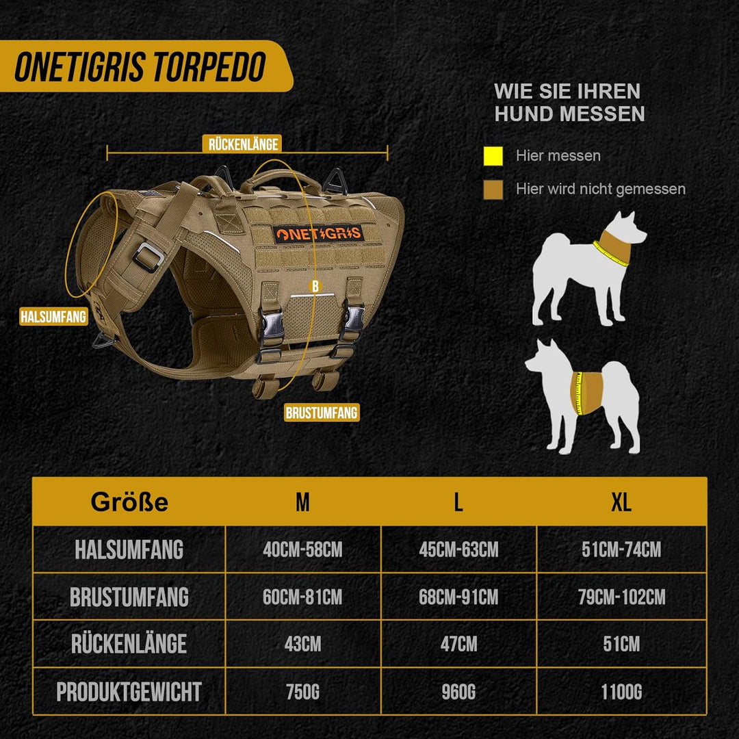 OneTigris Hundegeschirr, Torpedo Taktisches Geschirr mit 4 Metallschnallen 3 Metall-D-Ringen 2 Griff