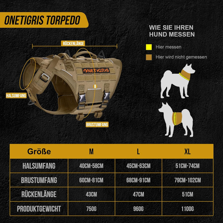OneTigris Hundegeschirr, Torpedo Taktisches Geschirr mit 4 Metallschnallen 3 Metall-D-Ringen 2 Griff