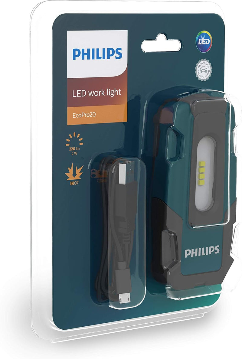 Philips EcoPro20 LED-Arbeitsleuchte, kompakte wiederaufladbare Werkstattlampe, Taschenlampe, 220lm,