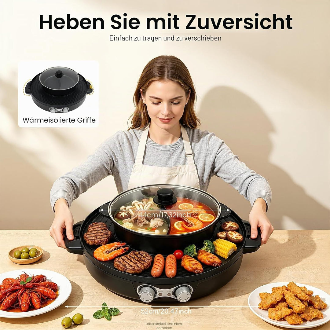Elektrischer Hot Pot 2200W, 2 in 1 Multifunktion Elektrische Grill Hot pot mit Abnehmbar Kochplatte,
