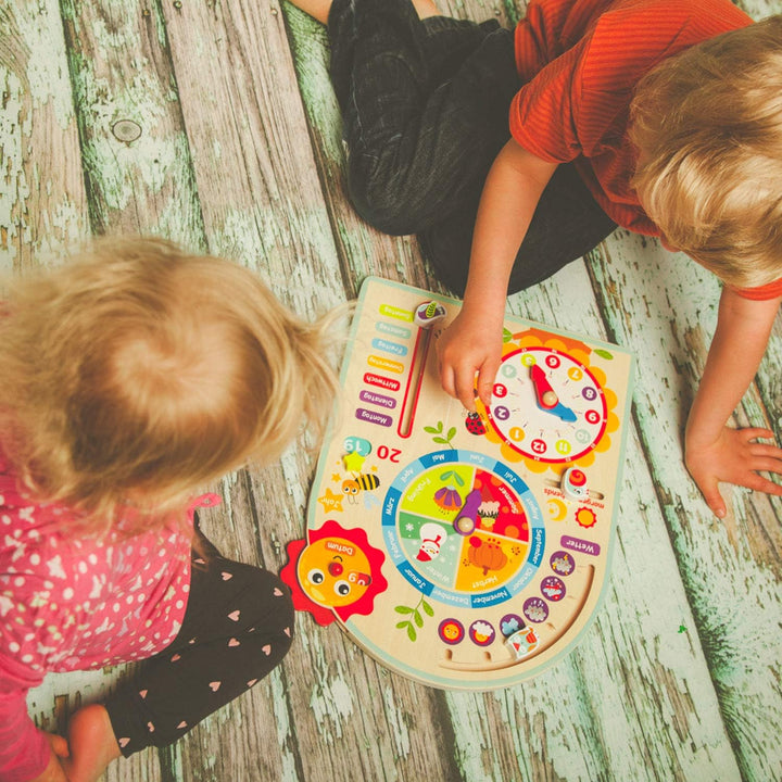 Tooky Toy Kalenderuhr Jahresuhr - Kinder Lernuhr - Holz Spielzeug Lern-Spielzeug - Uhr - Jahreszeite