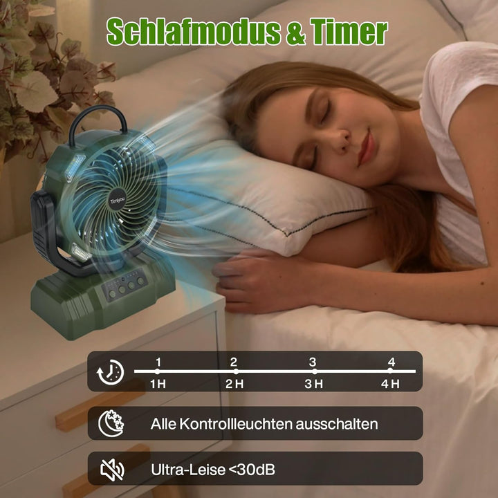 Camping Ventilator mit Akku 10000mAh, Tragbarer Ventilator Leise mit LED-Licht, 270° Rotieren Tischv