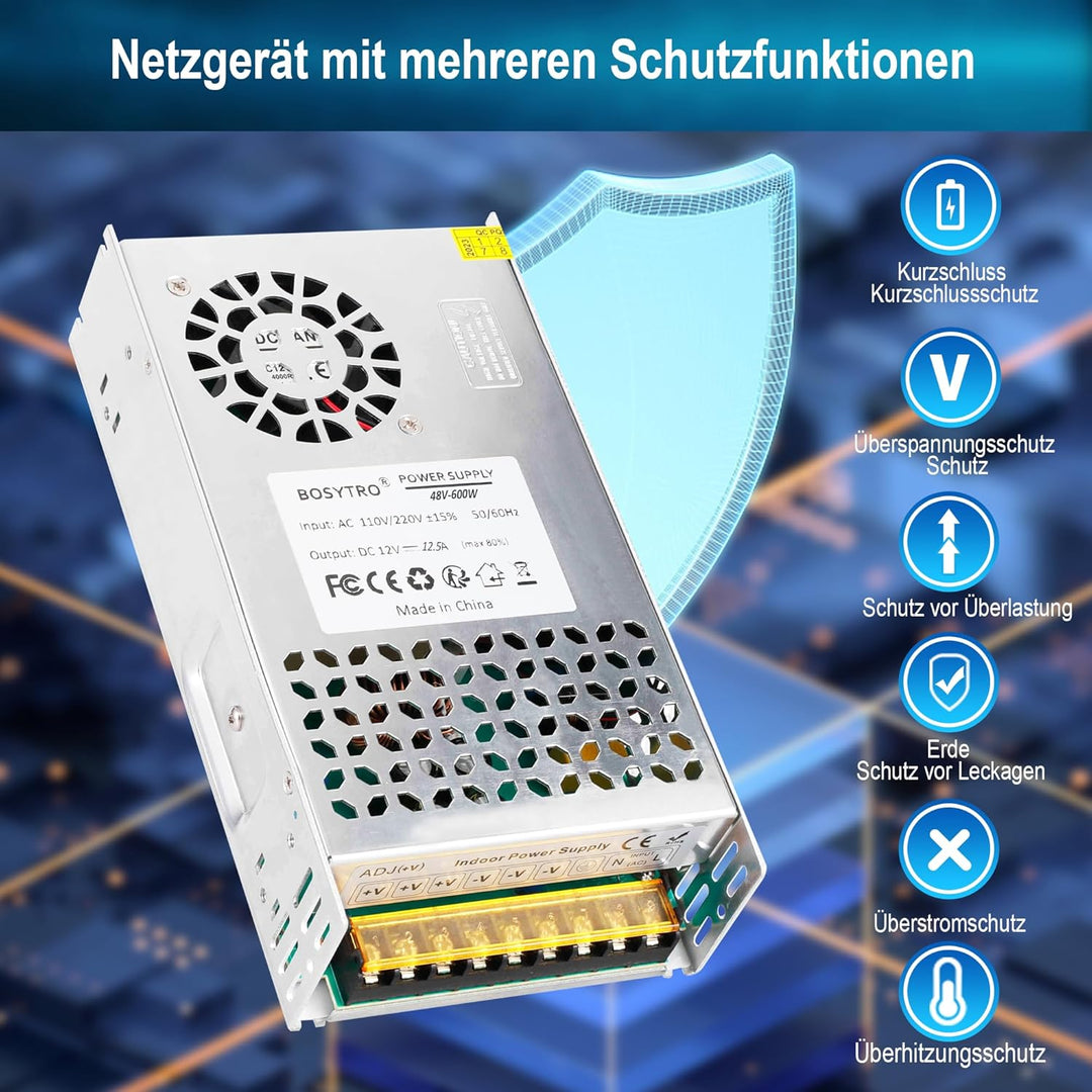 BOSYTRO 48V 12.5A 600W Schaltnetzteil, 48V Universal geregelter Netzteil AC110V / 220V (SMPS) LED Tr